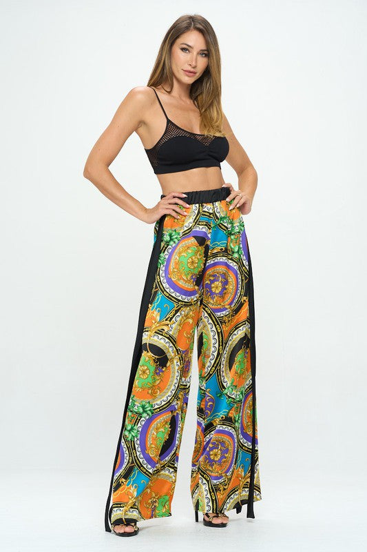 Stretch Satin Print Wide Leg Pants with Elastic Waist-3