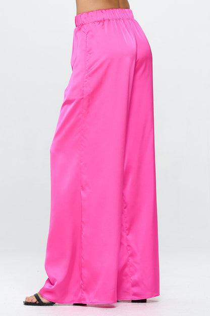 Stretch Satin Pants w/ Elastic Waist and Pocket-1