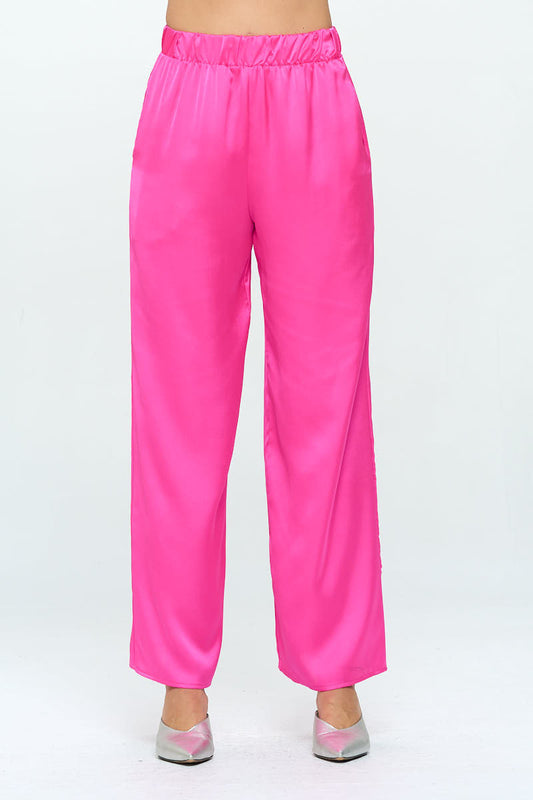 Stretch Satin Pants w/ Elastic Waist and Pocket-0