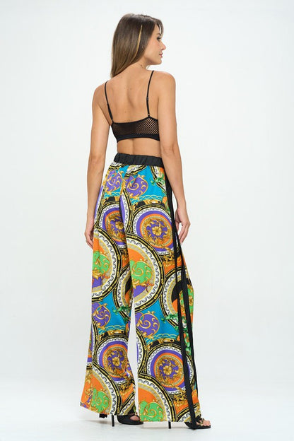 Stretch Satin Print Wide Leg Pants with Elastic Waist-4