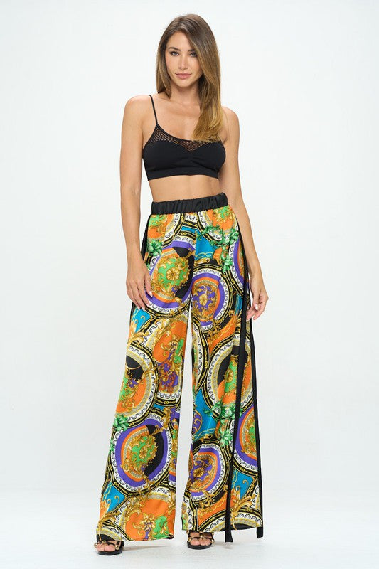 Stretch Satin Print Wide Leg Pants with Elastic Waist-1