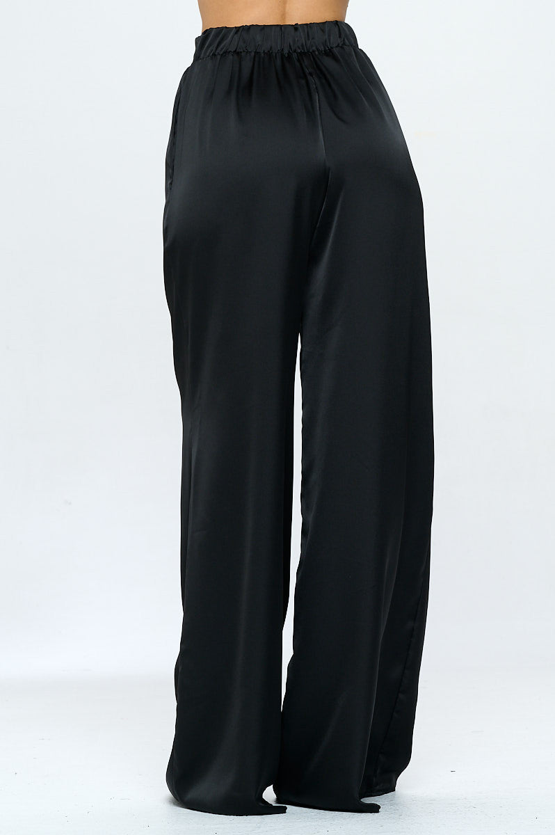 Stretch Satin Pants w/ Elastic Waist and Pockets-3