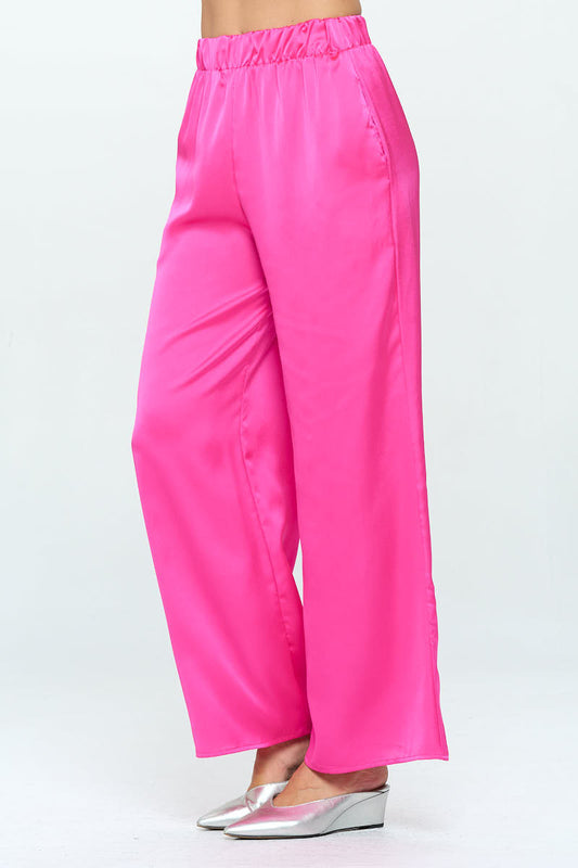 Stretch Satin Pants w/ Elastic Waist and Pocket-1