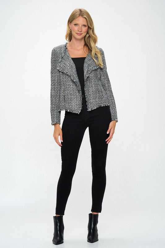 Open Front Blazer Cardigan with Frayed Hem-4