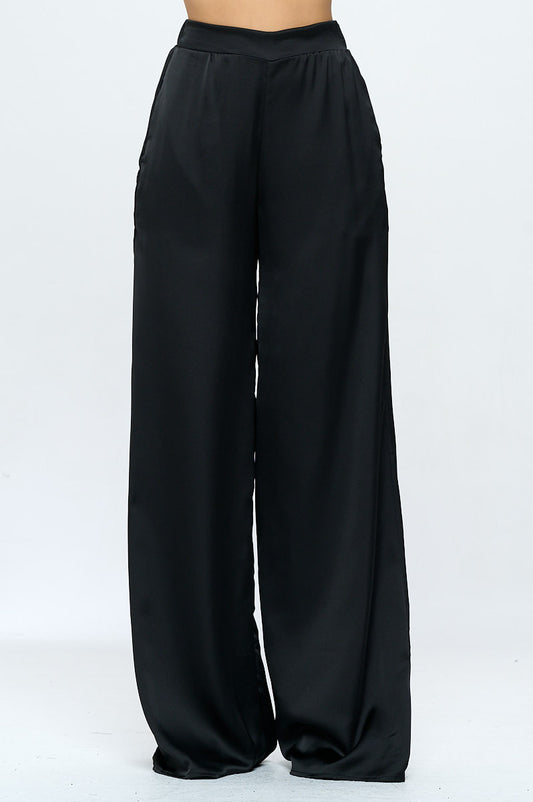 Stretch Satin Pants w/ Elastic Waist and Pockets-0