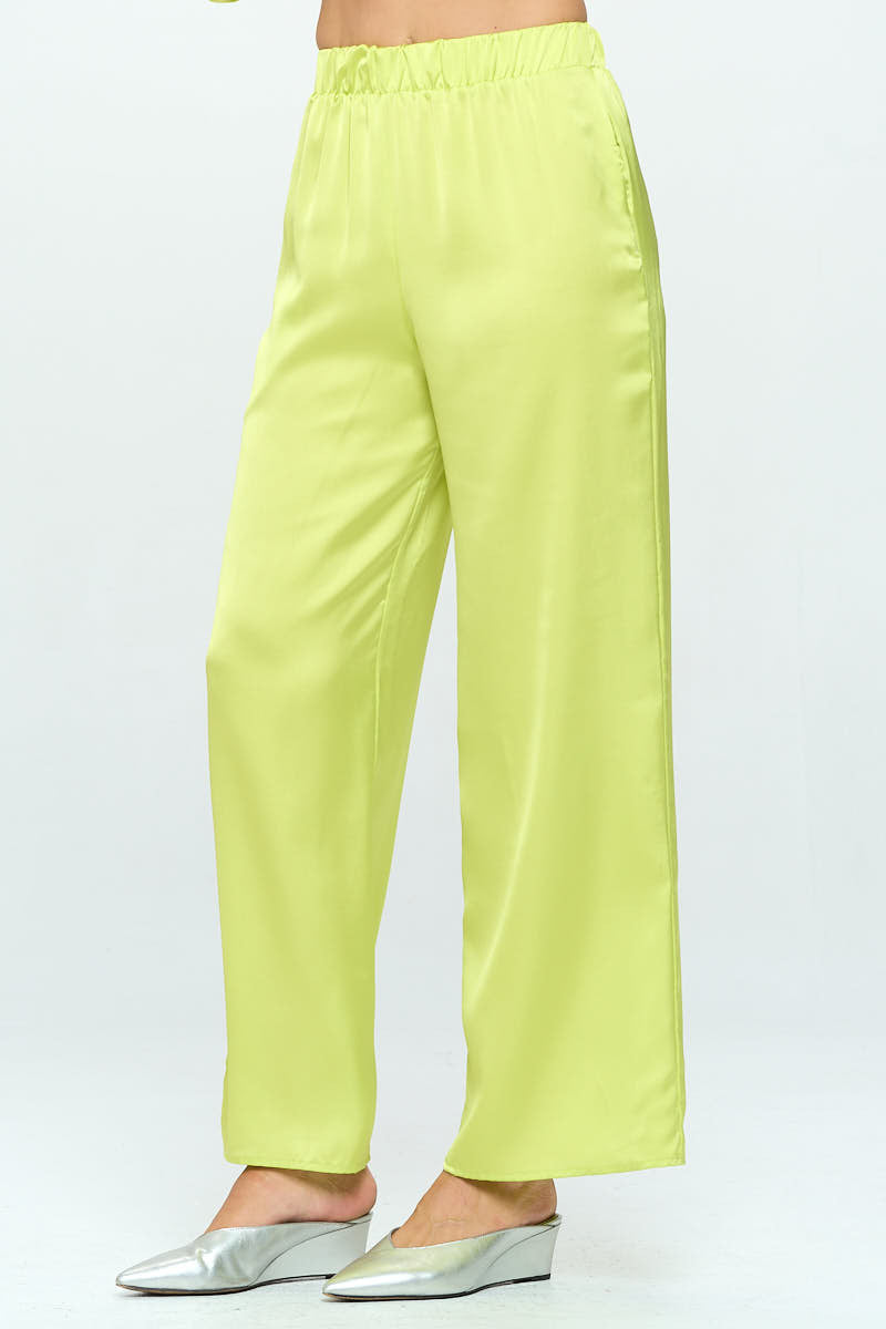 Stretch Satin Pants w/ Elastic Waist and Pocket-1