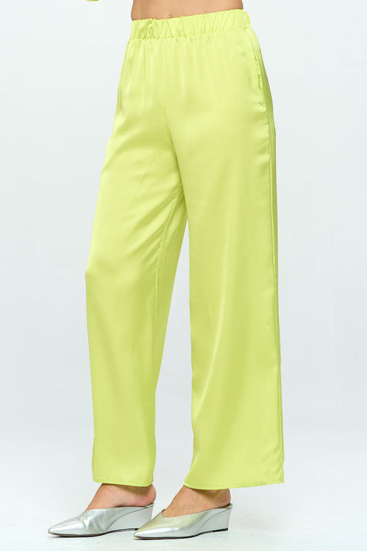 Stretch Satin Pants w/ Elastic Waist and Pocket-1