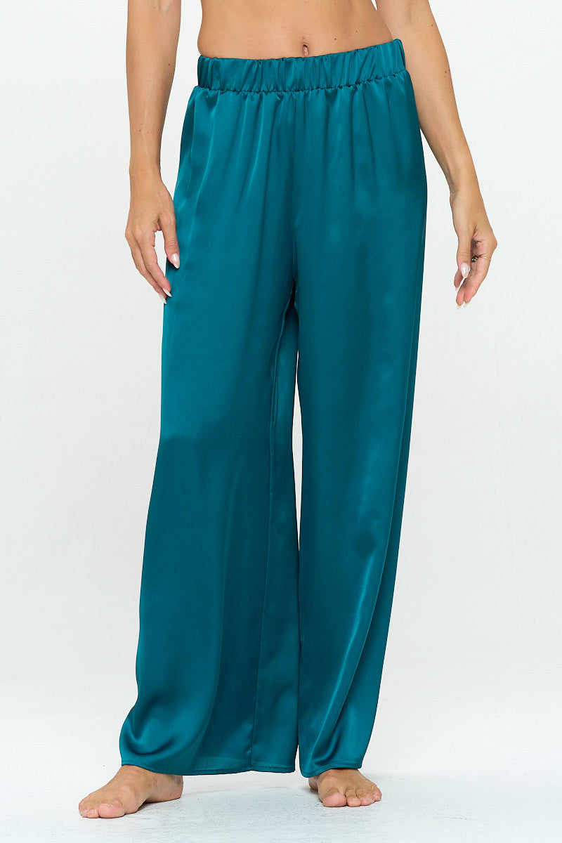 Stretch Satin Pants w/ Elastic Waist and Pockets-0