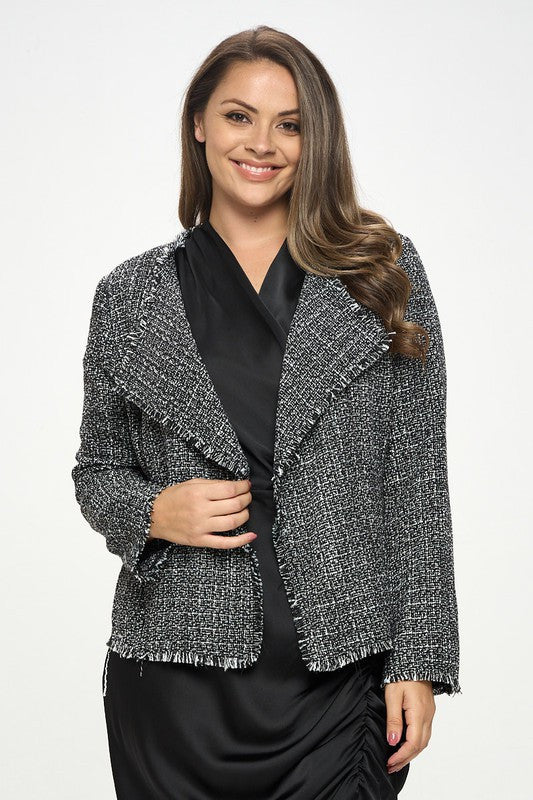 Open Front Blazer Cardigan with Frayed Hem-0