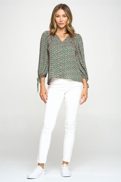 Floral Print Top with Self Tie Sleeves-4