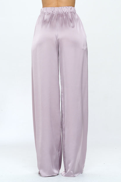 Stretch Satin Pants w/ Elastic Waist and Pockets-3