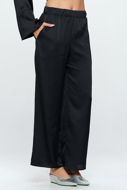 Stretch Satin Pants w/ Elastic Waist and Pocket-1