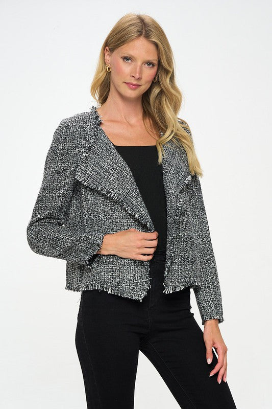 Open Front Blazer Cardigan with Frayed Hem-2