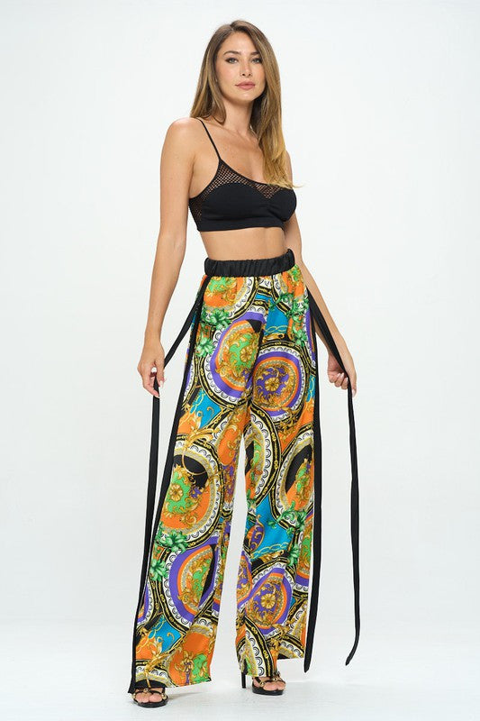 Stretch Satin Print Wide Leg Pants with Elastic Waist-2
