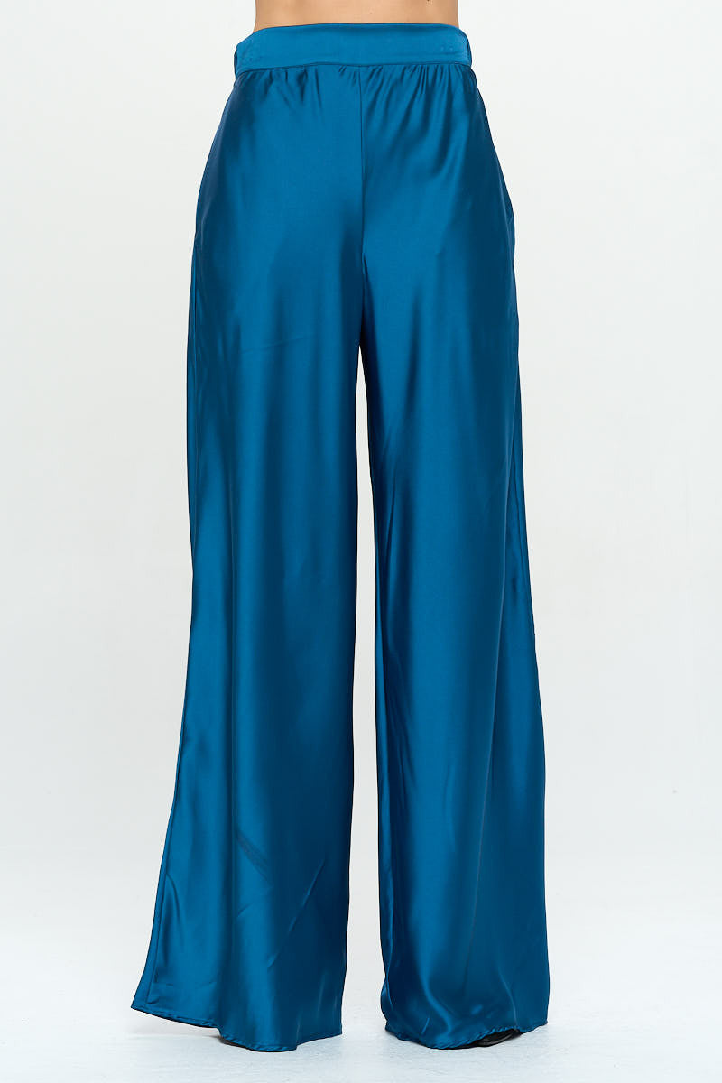 Stretch Satin Pants w/ Elastic Waist and Pockets-0