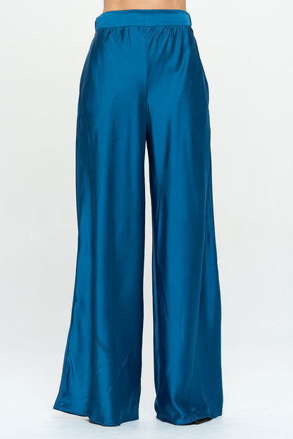 Stretch Satin Pants w/ Elastic Waist and Pockets-0