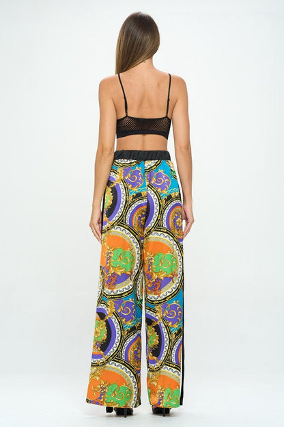 Stretch Satin Print Wide Leg Pants with Elastic Waist-5