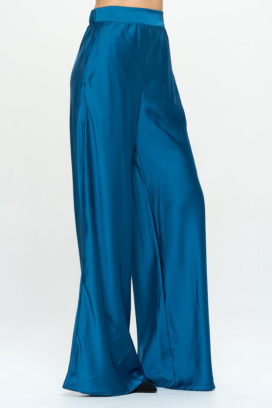 Stretch Satin Pants w/ Elastic Waist and Pockets-1
