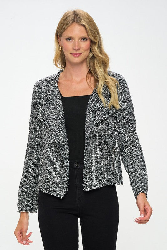 Open Front Blazer Cardigan with Frayed Hem-1