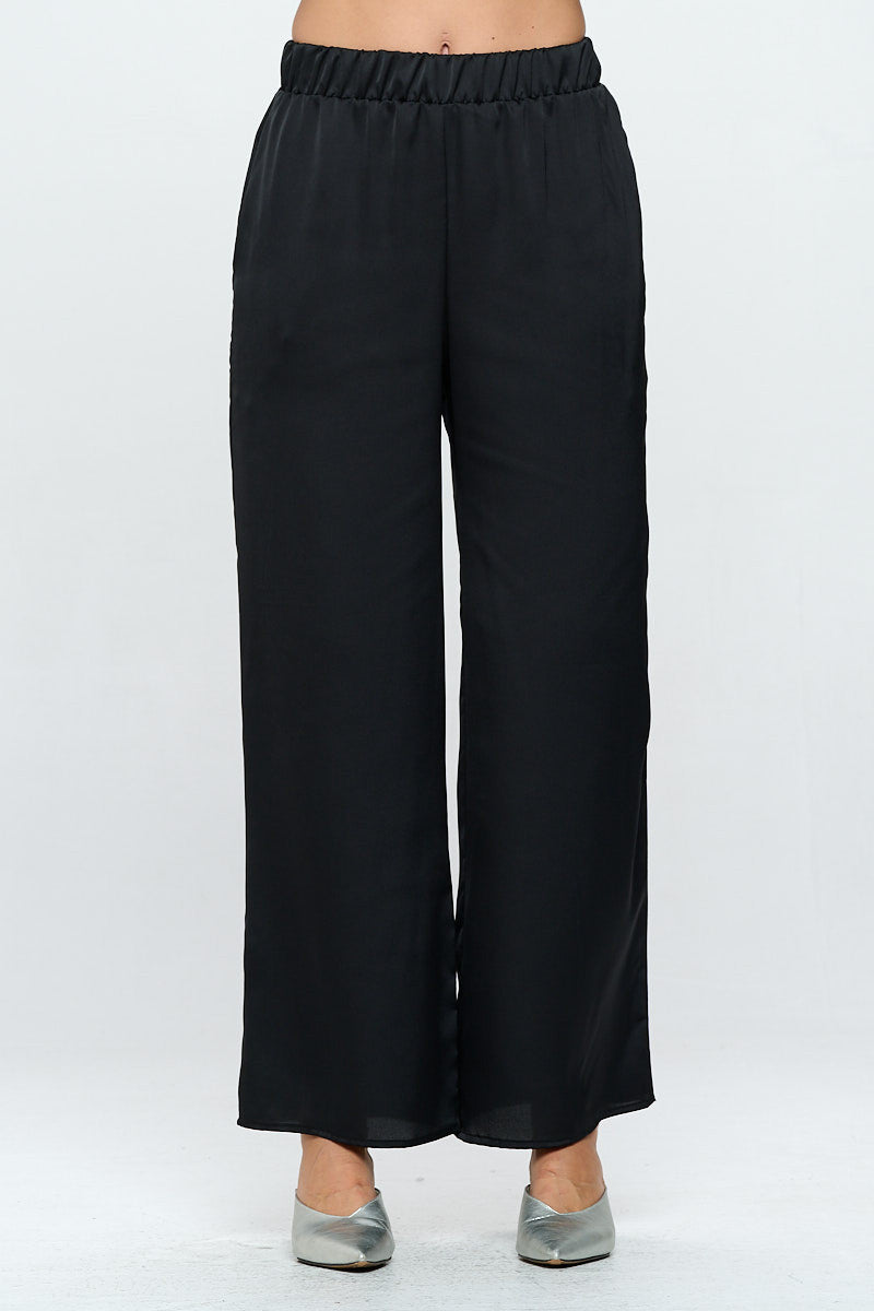 Stretch Satin Pants w/ Elastic Waist and Pocket-0