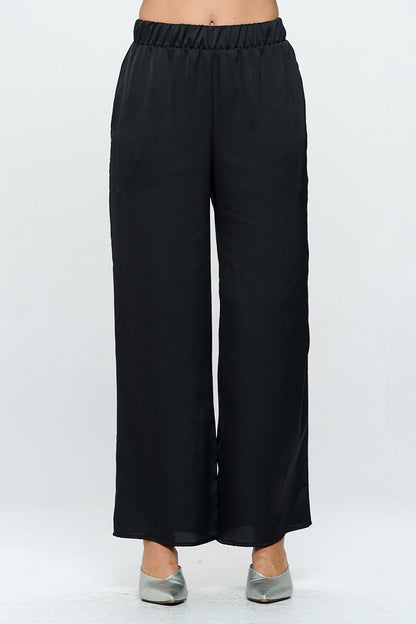 Stretch Satin Pants w/ Elastic Waist and Pocket-0