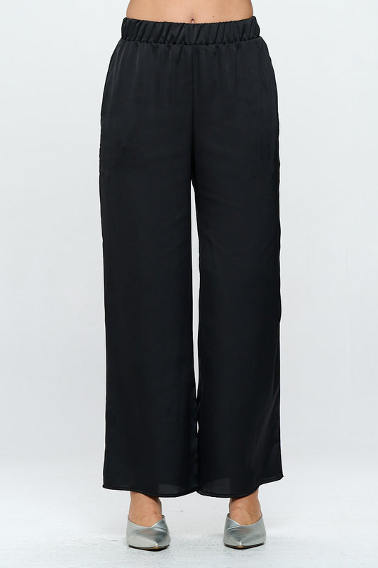 Stretch Satin Pants w/ Elastic Waist and Pocket-0