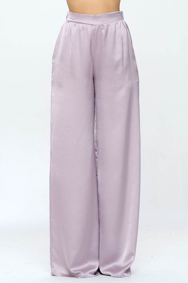 Stretch Satin Pants w/ Elastic Waist and Pockets-0