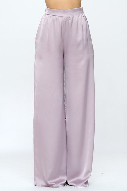 Stretch Satin Pants w/ Elastic Waist and Pockets-0