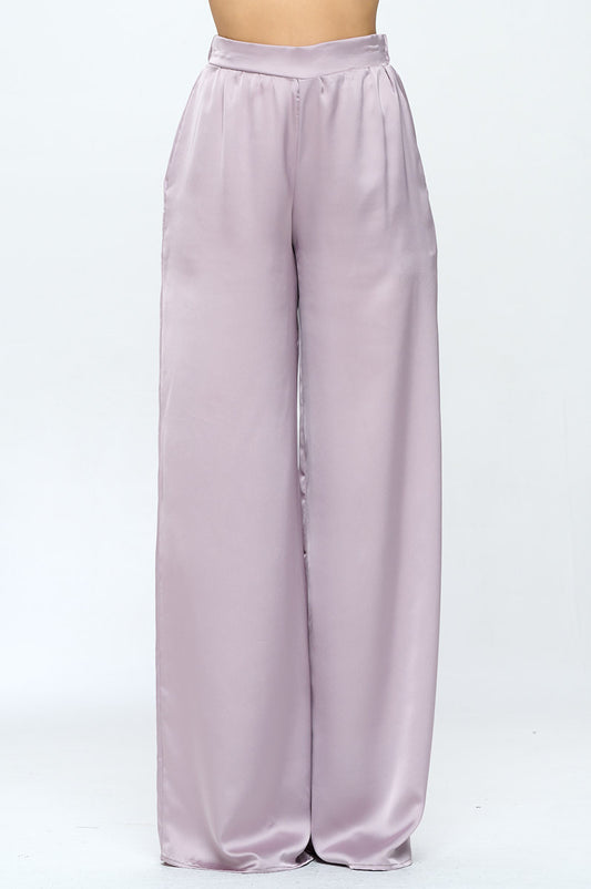 Stretch Satin Pants w/ Elastic Waist and Pockets-0