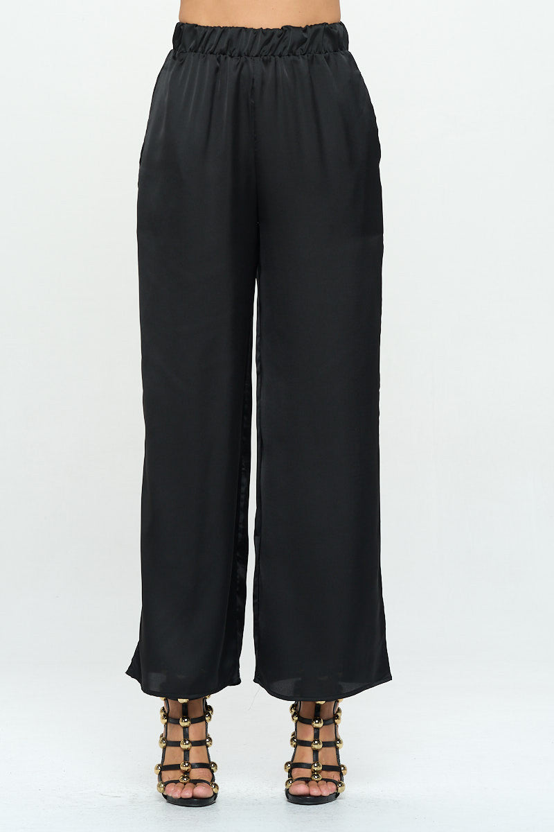 Stretch Satin Pants w/ Elastic Waist and Pocket-0
