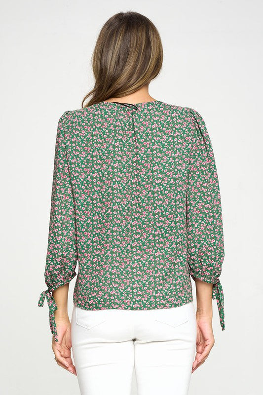 Floral Print Top with Self Tie Sleeves-3