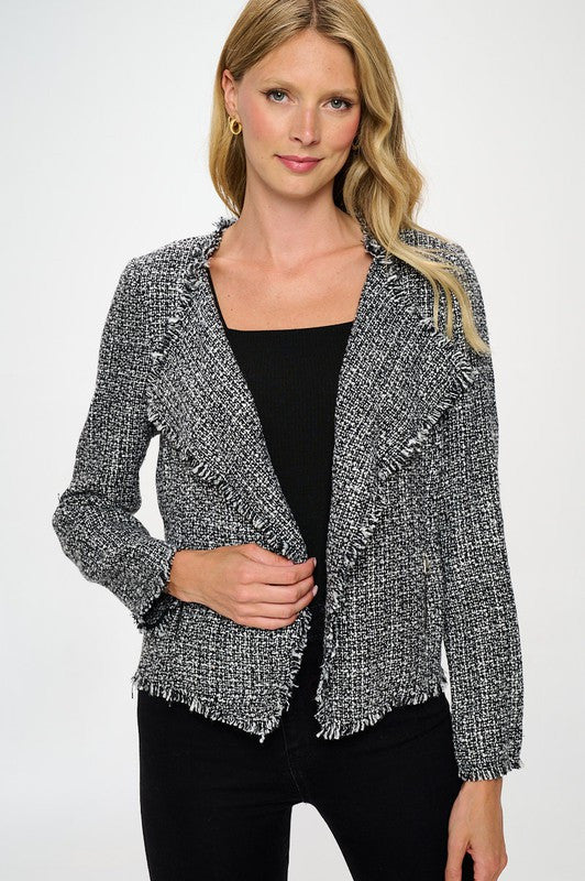 Open Front Blazer Cardigan with Frayed Hem-0