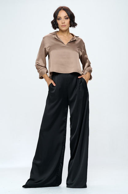 Stretch Satin Pants w/ Elastic Waist and Pockets-4