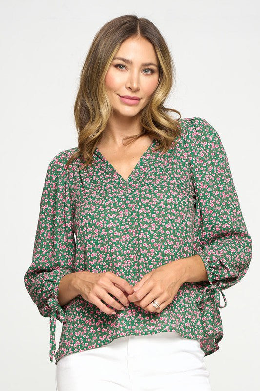 Floral Print Top with Self Tie Sleeves-0