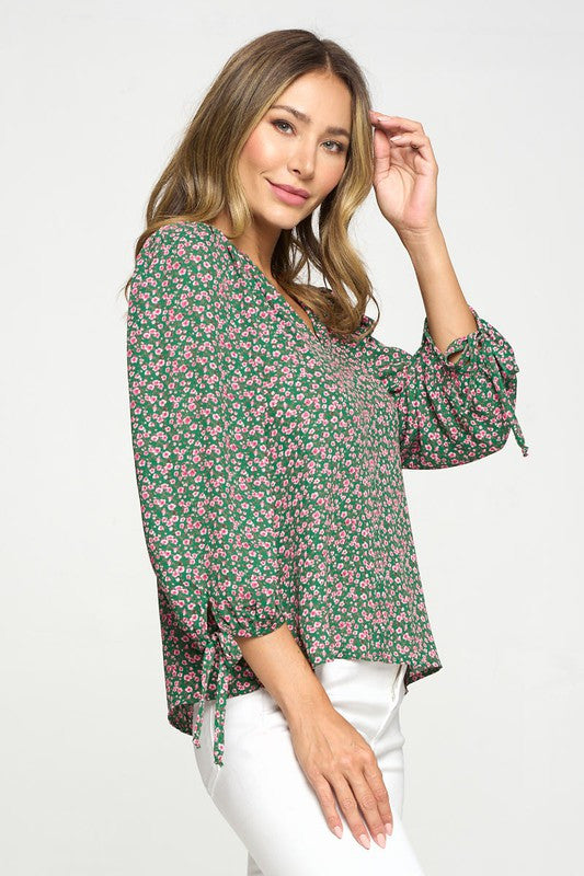 Floral Print Top with Self Tie Sleeves-1