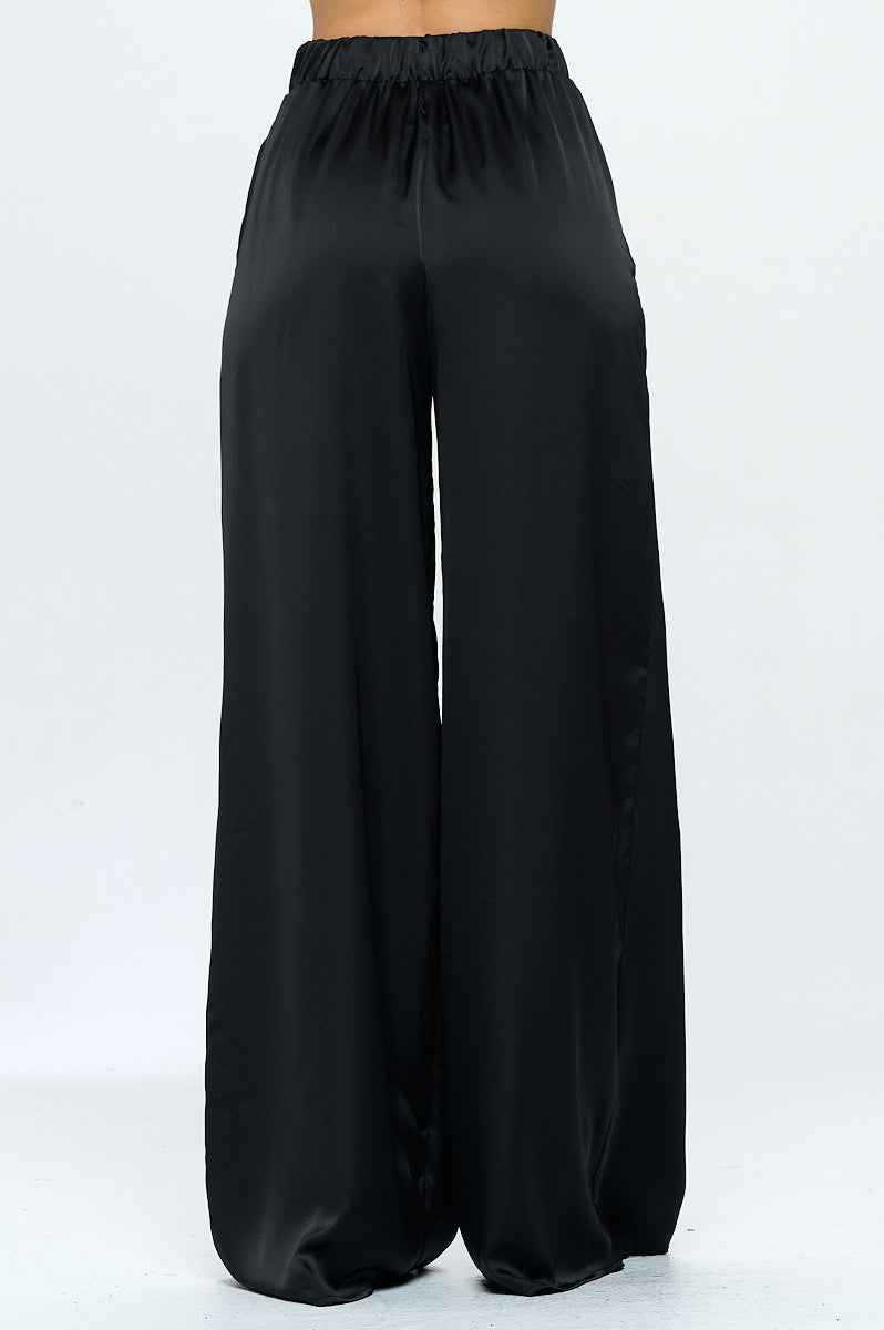 Stretch Satin Pants w/ Elastic Waist and Pockets-1