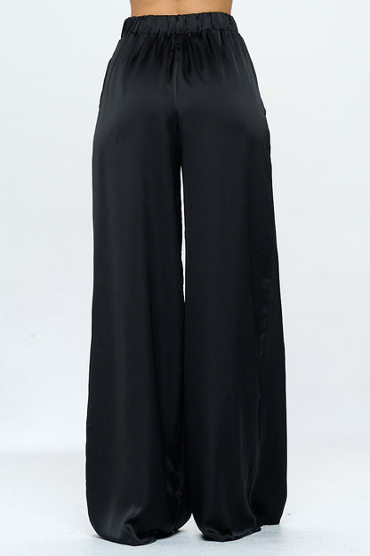 Stretch Satin Pants w/ Elastic Waist and Pockets-1