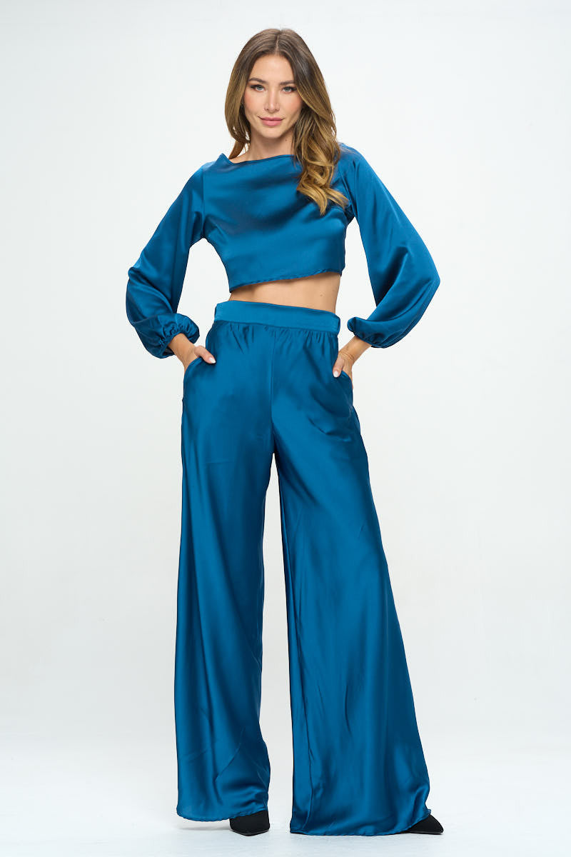 Stretch Satin Pants w/ Elastic Waist and Pockets-4
