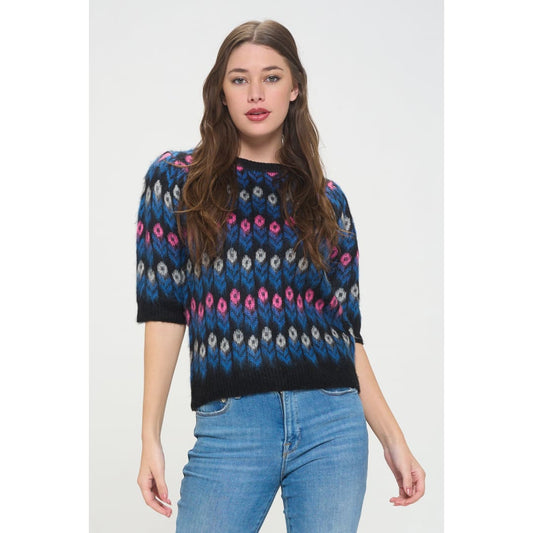 Floral Deco Knit Puff Sleeve Top | Baciano Official Store