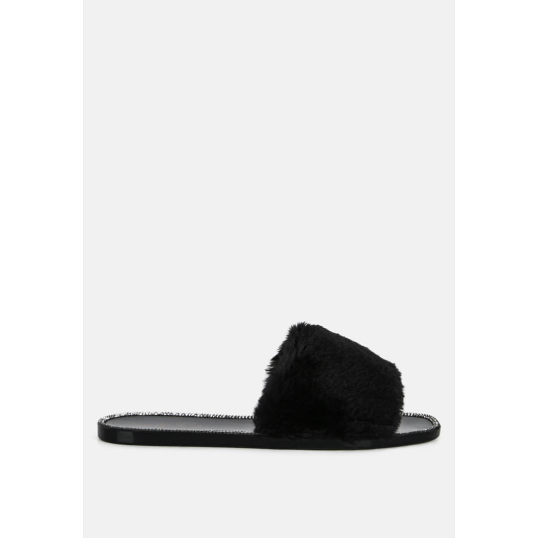 geese faux fur diamante detail jelly flats | London Rag