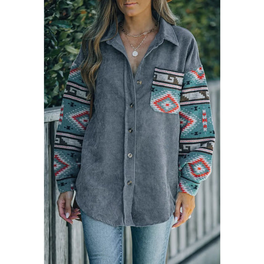 Gray Aztec Pattern Sleeve Pocketed Corduroy Shacket | Fashionfitz