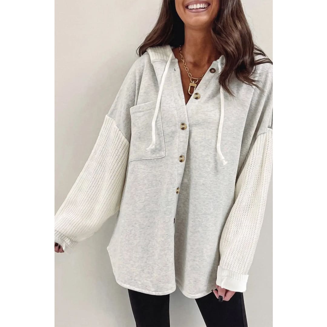 Gray Button Up Contrast Knitted Sleeves Hooded Jacket | Fashionfitz