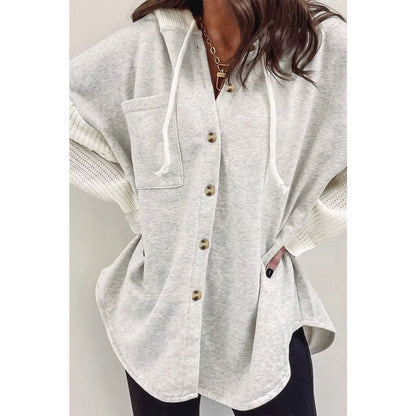 Gray Button Up Contrast Knitted Sleeves Hooded Jacket | Fashionfitz