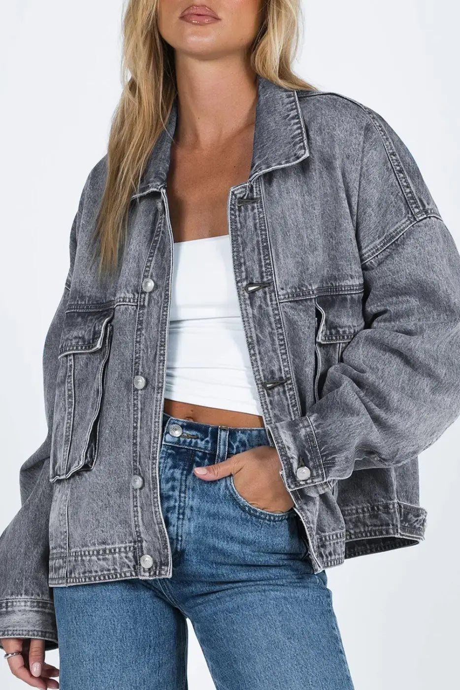 Loose Denim Jacket - Chest Pockets Drop Shoulder-0