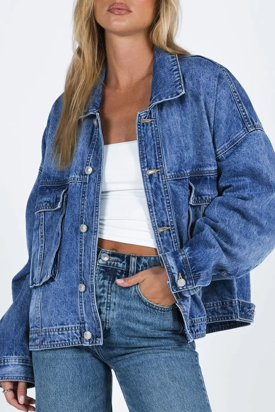 Loose Denim Jacket - Chest Pockets Drop Shoulder-5