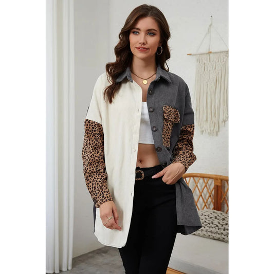 Gray Color Block Leopard Patched Corduroy Shacket | Fashionfitz