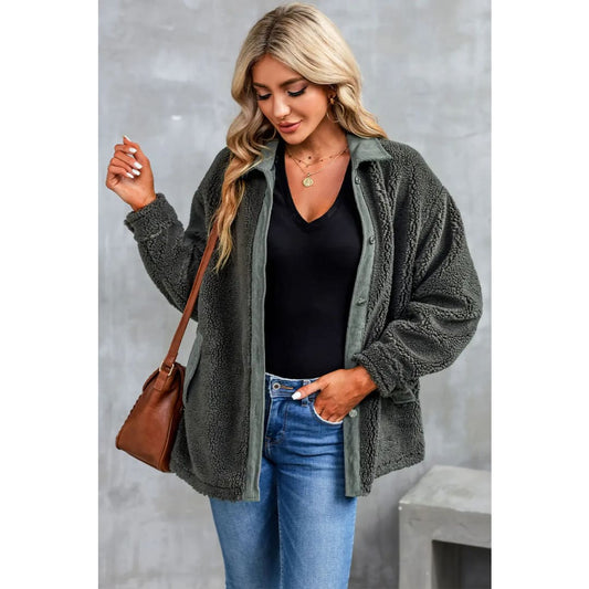 Gray Corduroy Trim Elbow Patch Sherpa Jacket | Fashionfitz