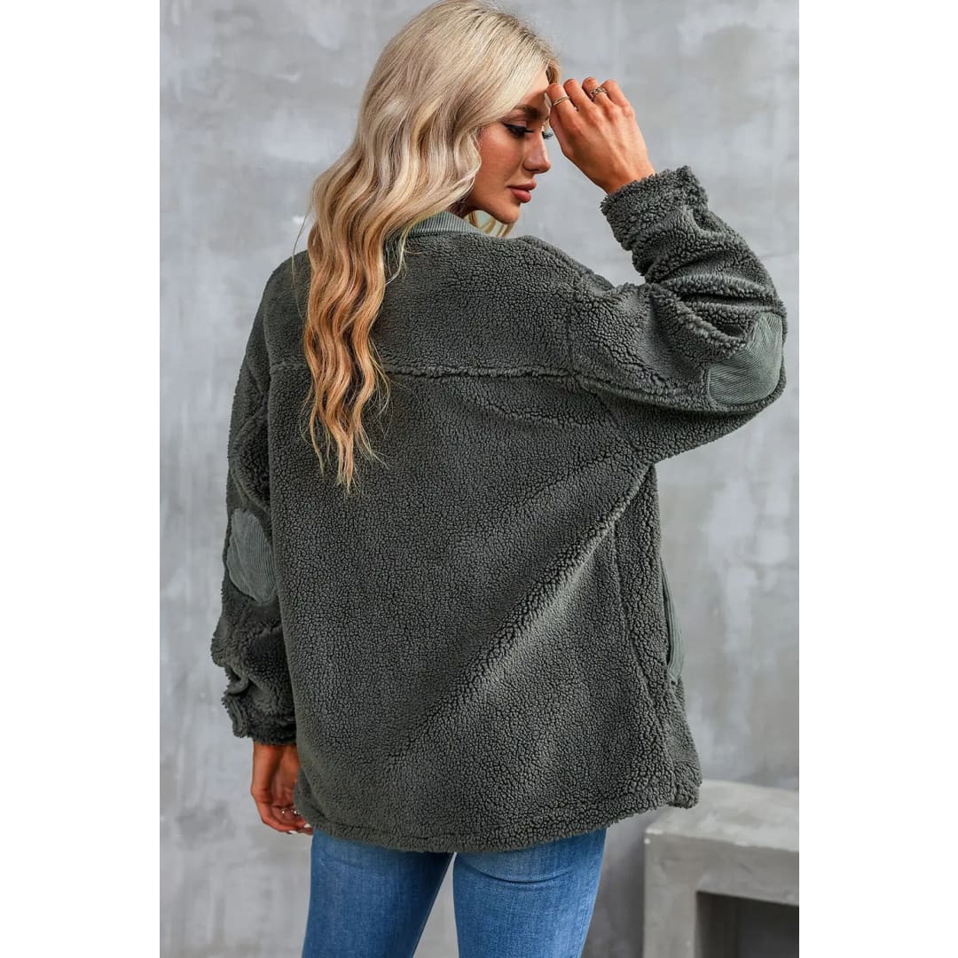 Gray Corduroy Trim Elbow Patch Sherpa Jacket | Fashionfitz