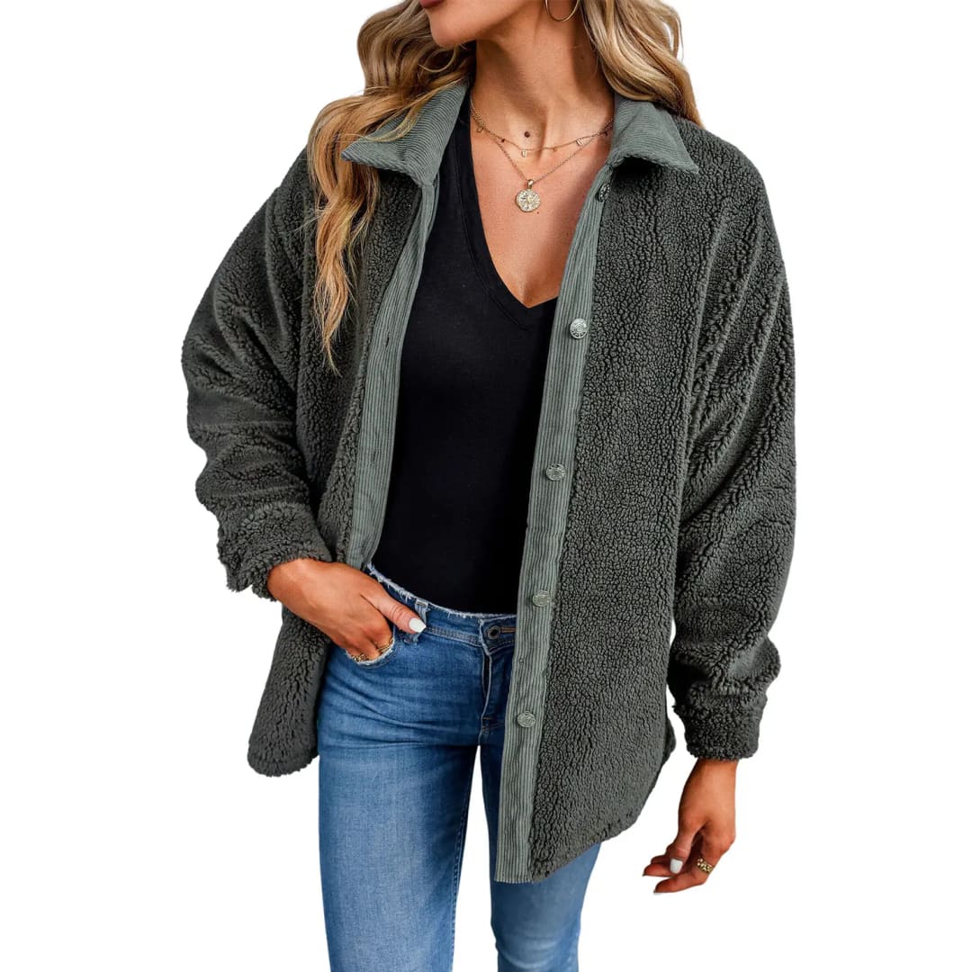 Gray Corduroy Trim Elbow Patch Sherpa Jacket | Fashionfitz