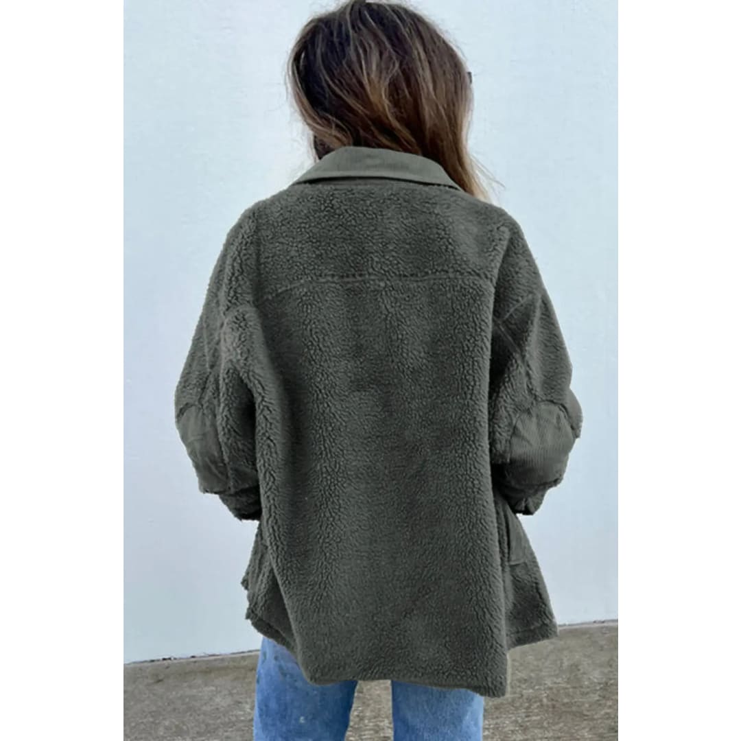 Gray Corduroy Trim Elbow Patch Sherpa Jacket | Fashionfitz